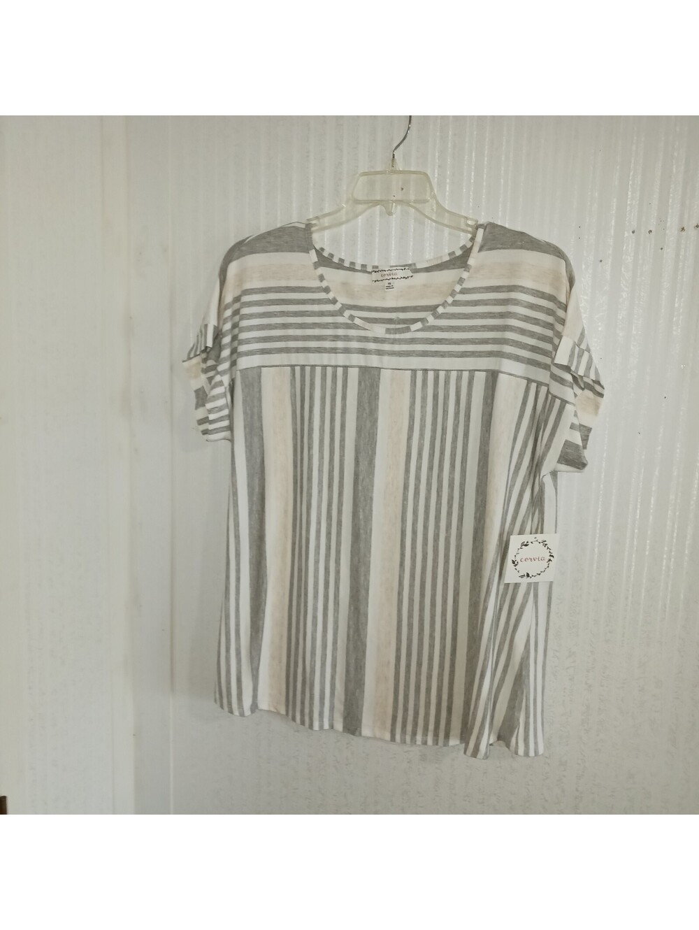 Corvia  Women's  Gray  & Cream  Striped  Knit  Short Sleeves Top  1X